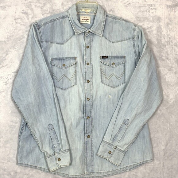 Wrangler Shirt Mens Large Blue Denim Indigo Button Up Western 90s Adult Y2K - Picture 1 of 11